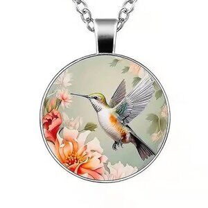 Silver HUMMINGBIRD Glass Cabochon Pendant Necklace